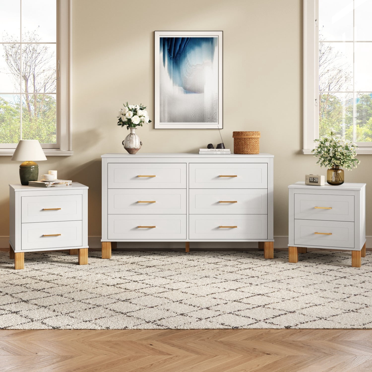 2 Drawer Nightstand with Solid Wood Legs, Fluted Bedside Table with Metal Handles, Tall Wood End Table Storage Cabinet for Bedroom, Living Room, White