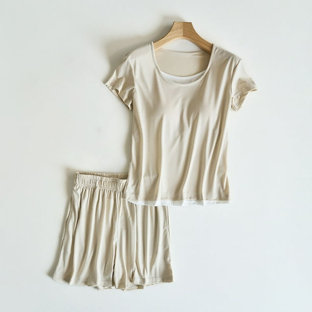 Pijama de manga corta para mujer, ligero y transpirable, con almohadillas para el pecho, ropa de casa y pijama, blusa de poliéster.