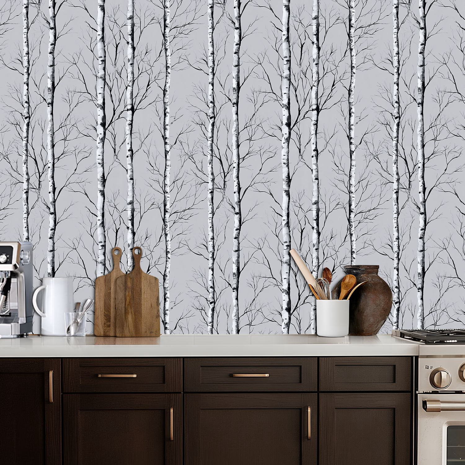 Peel and Stick Wallpaper 17.7in x 9.8ft Birch Trees Forest Black White Minimalist Nature Botanical Contact Paper Vinyl Waterproof Self Adhesive Wall Paper for Bedroom Shelf Cabinet Renter Friendly