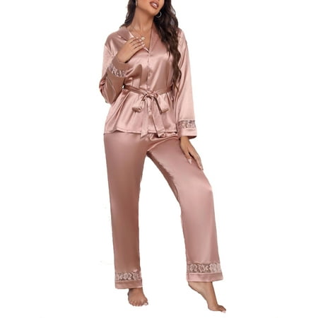 

Shawl Collar Plain Pant Sets Dusty Pink Long Sleeve Elegant Women s Pajama Sets