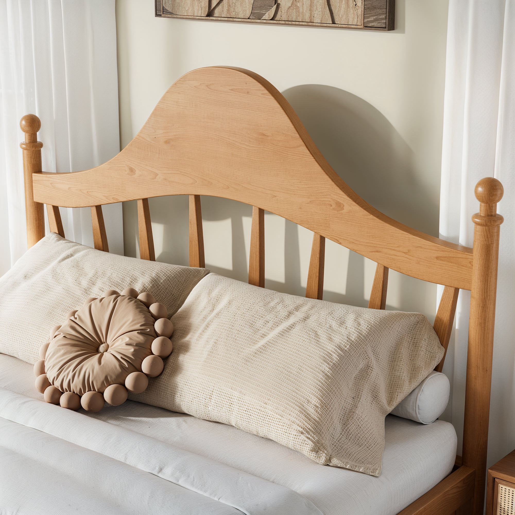 Leumius Queen Size Platform Bed with Chic Headboard, Solid Wood Bed Frame with Slatted Support, Low to Ground Design for Bedroom Natural