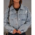 thumbnail image 4 of Chaqueta vaquera con perlas, cárdigan liso de manga larga con cuentas y un solo pecho, abrigo de primavera y otoño 2023 con perlas de imitación, 4 of 5