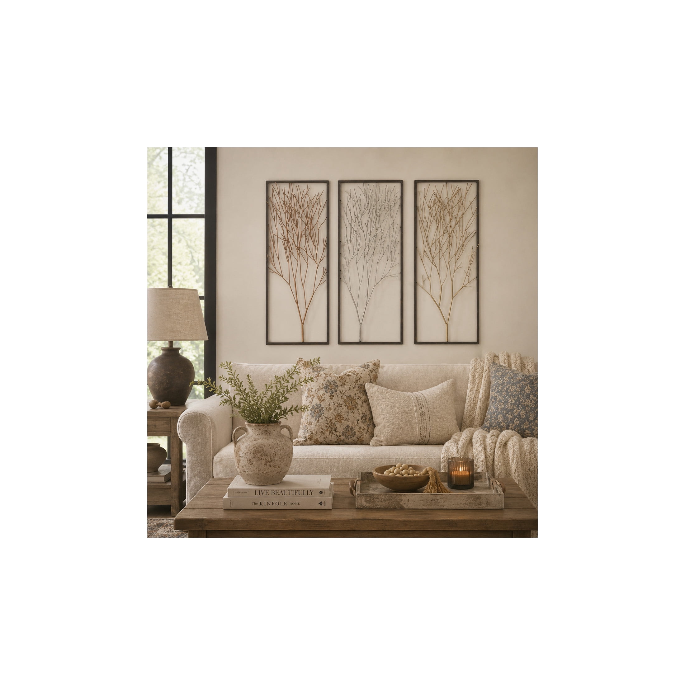 DecMode Black Metal Branch Tree Wall Decor with Metallic Copper, Silver, and Gold (3 Count)