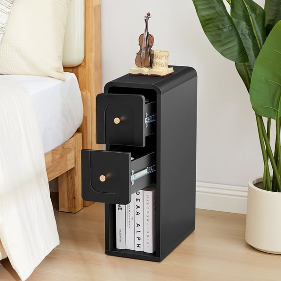 Wirrytor Narrow End Table with 2 Drawer & Open Storage Shelf, Modern Narrow Side Table for Small Spaces, Multifunctional Slim Nightstand for Bedroom, Living Room & Home Office,Black