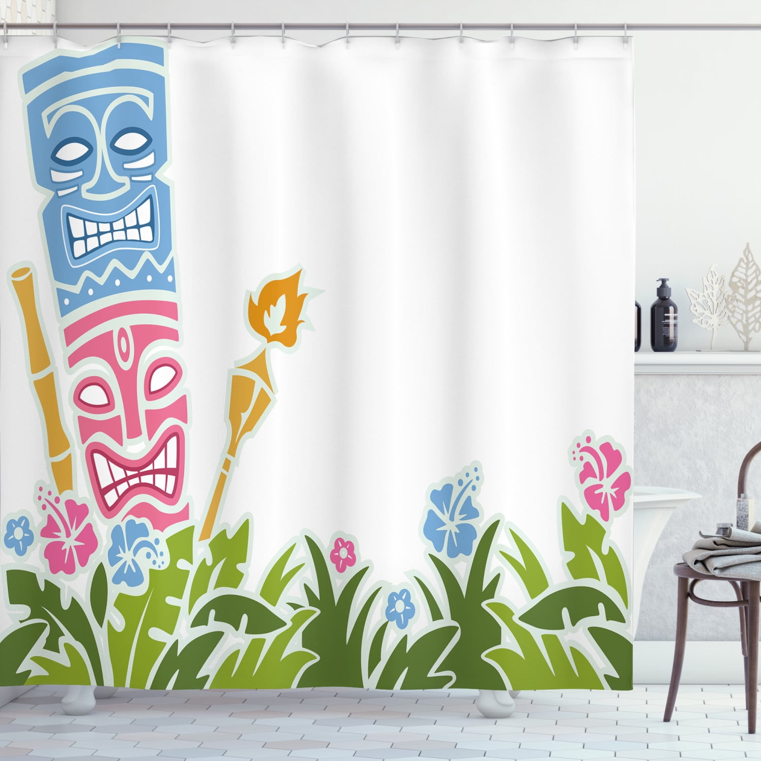 Tiki Bar Shower Curtain, Statues Surrounded by Fresh Vibrant Hibiscus