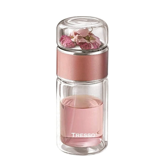 TRESSO Botella de Vidrio Doble Pared con Infusor para Tisana 250 ml, Color Rosa