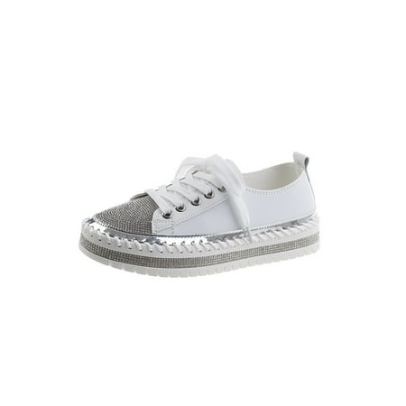 

Ritualay Ladies Sneakers Rhinestone Skate Shoes Slip On Casual Shoe Hand-Stitching Lightweight Fashion Sneaker Womens Women Platform White 8