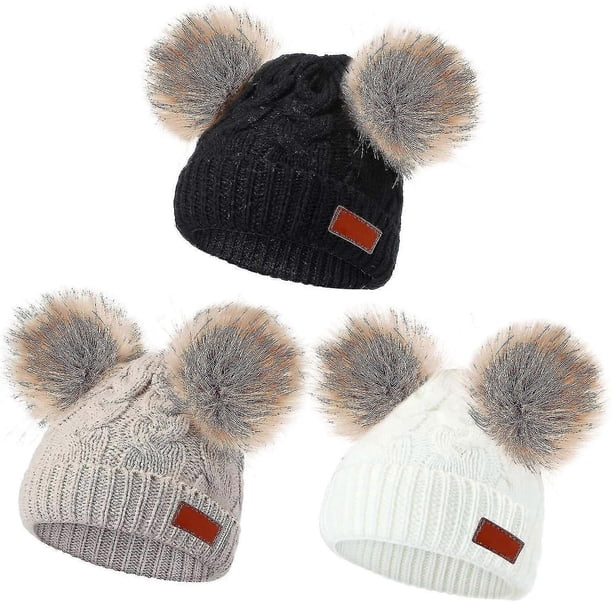 3 Pieces Kids Knitted Woolen Hat Winter Warm Pom Pom Beanie Cap Knit Hat With Detachable Pom For 1-3 Years Old Girls Boys