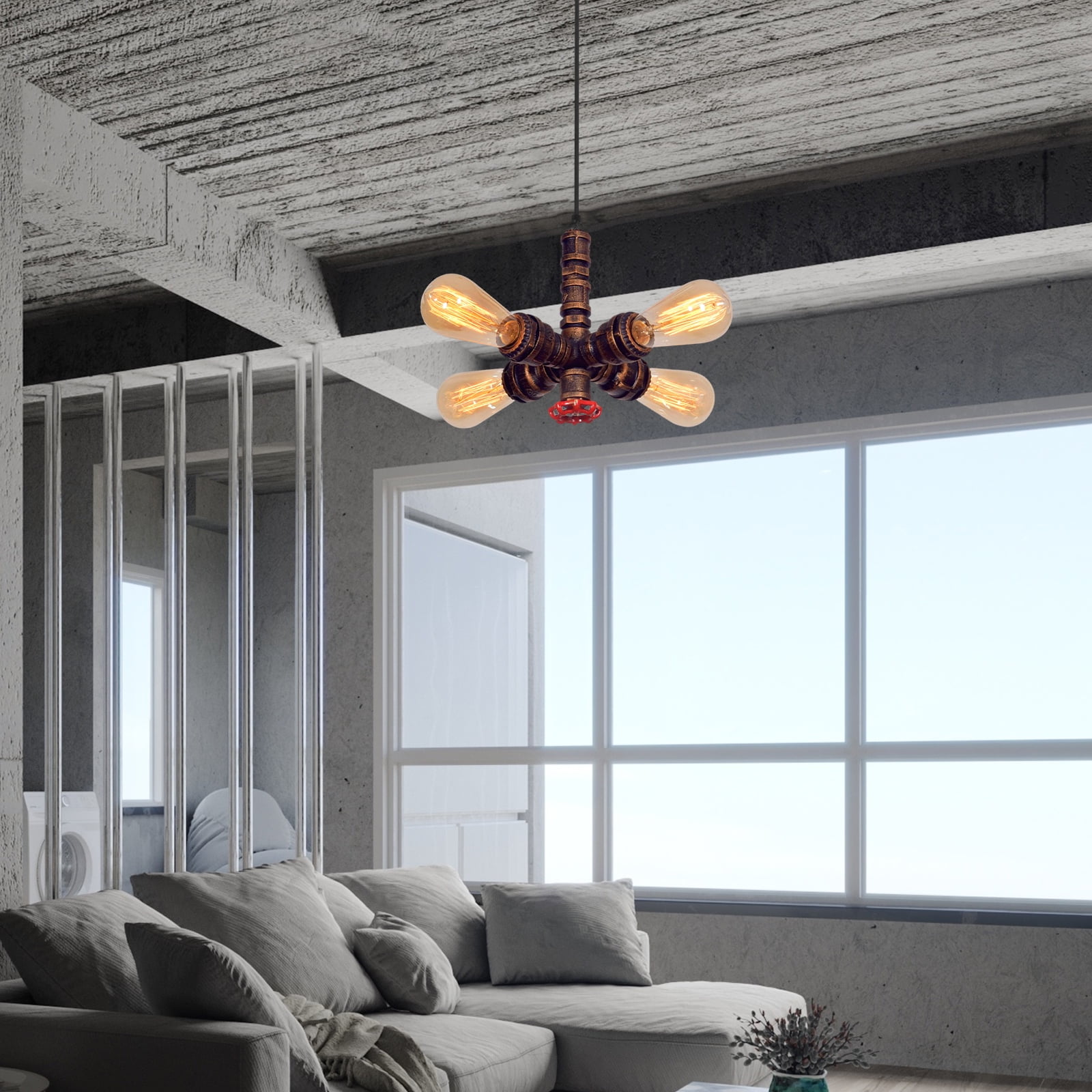Industrial Vintage Pendant Light, 4 Light Retro Water Pipes Ceiling Ceiling Hanging Lighting Fixture Rustic Chandelier for Restaurant Bar