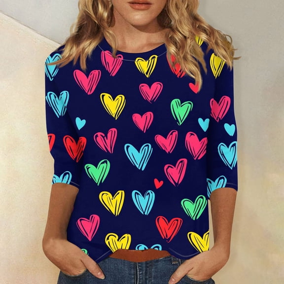 Inglocry Valentines Shirts For Women 3/4 Sleeve Valentine Day Top 2026 Cute Heart Print Graphic Shirt Crewneck Pullover Blue S