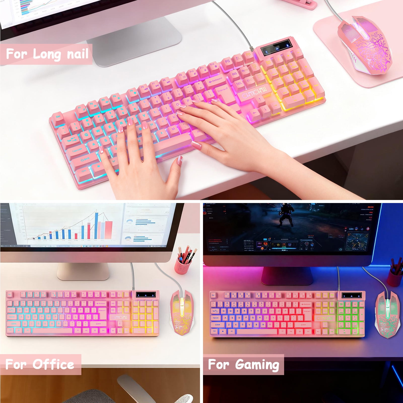 CHONCHOW Pink Gaming Keyboard and Mouse Combo, 104 Keys Wired LED Backlit, 19Anti-Ghosting, Multimedia Keys, 3600 DPI Mouse, Compatible with PC Laptop PS4  Xbox