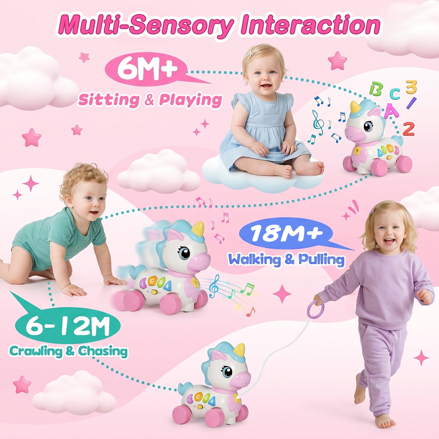 QOQ Baby Unicorn Musical Toy with Music & Lights, Bilingual Educational Sensory Toy for 6-18 Months, Crawling & Walking Learning Toy for Infants & Toddlers, Birthday Gift for Baby Girls Boys