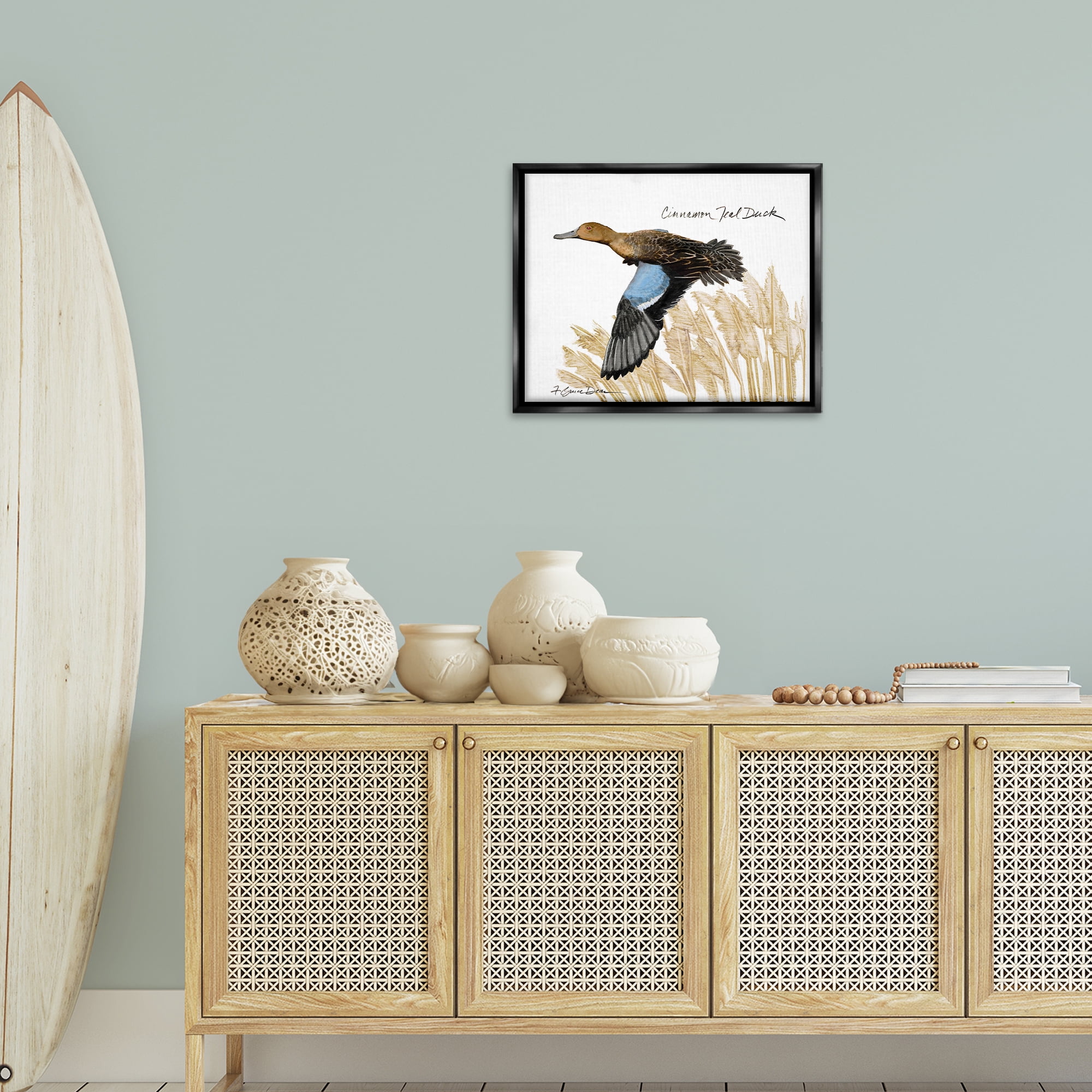Stupell Industries Cinnamon Teal Duck Flying Animals & Insects Painting Black Floater Framed Canvas Art Print Wall Art, 21 x 17