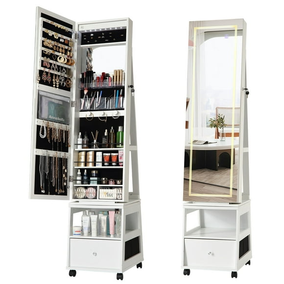 360° Swivel Lockable Jewelry Armoire Cabinet with LED Light, Screen Interface Full-Length Mirror, 3 Drawers & Shelves, Large Capacity Storage Organizer, Freestanding for Bedroom – White
