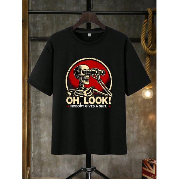 Camiseta gráfica divertida para hombre "¡Mira! A nadie le importa". Algodón negro, manga corta, cuello redondo, diseño de calavera y binoculares. Lavable a máquina.