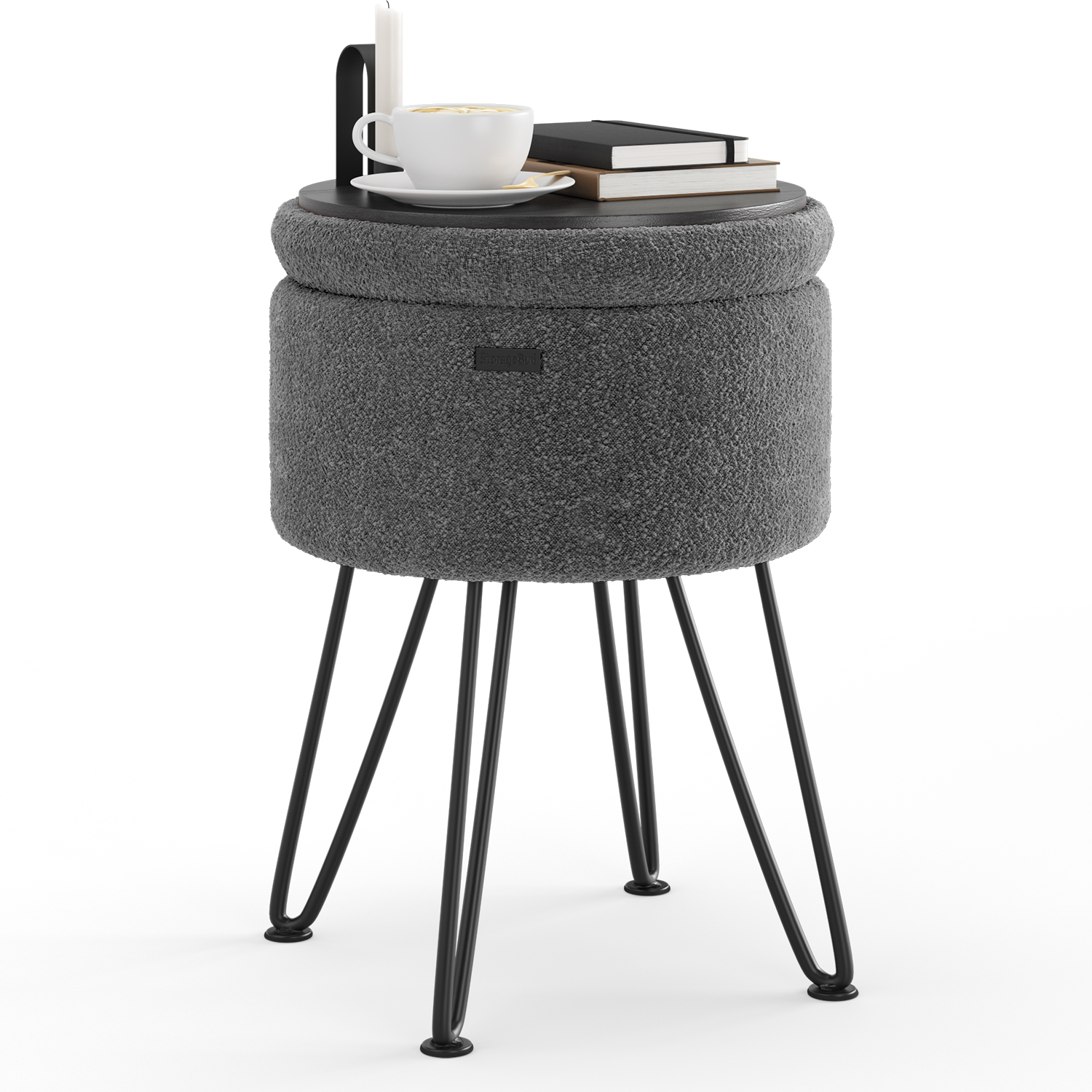 LammaLoe Small Round Ottoman with Storage, Boucle Ottoman Foot Stool with Lid, Upholstered Vanity Stool for Living Room & Bedroom, Grey