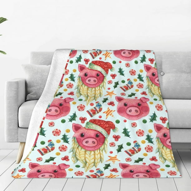 Fotbe Christmas Cute Pigs Manta de Franela Acolchonada con Estampado, Súper Suave y Esponjosa, Extra Grande para Sofá, Cama, Uso Todo el Año-80"x60"