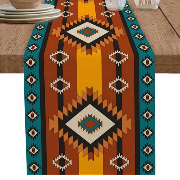 Abstract Brown Aztec Geometric Table Runner-70 Inch Long Farmhouse Southwest Tribe Table Runners Linen Burlap Tablerunner for Kitchen Dining Room Holiday Party