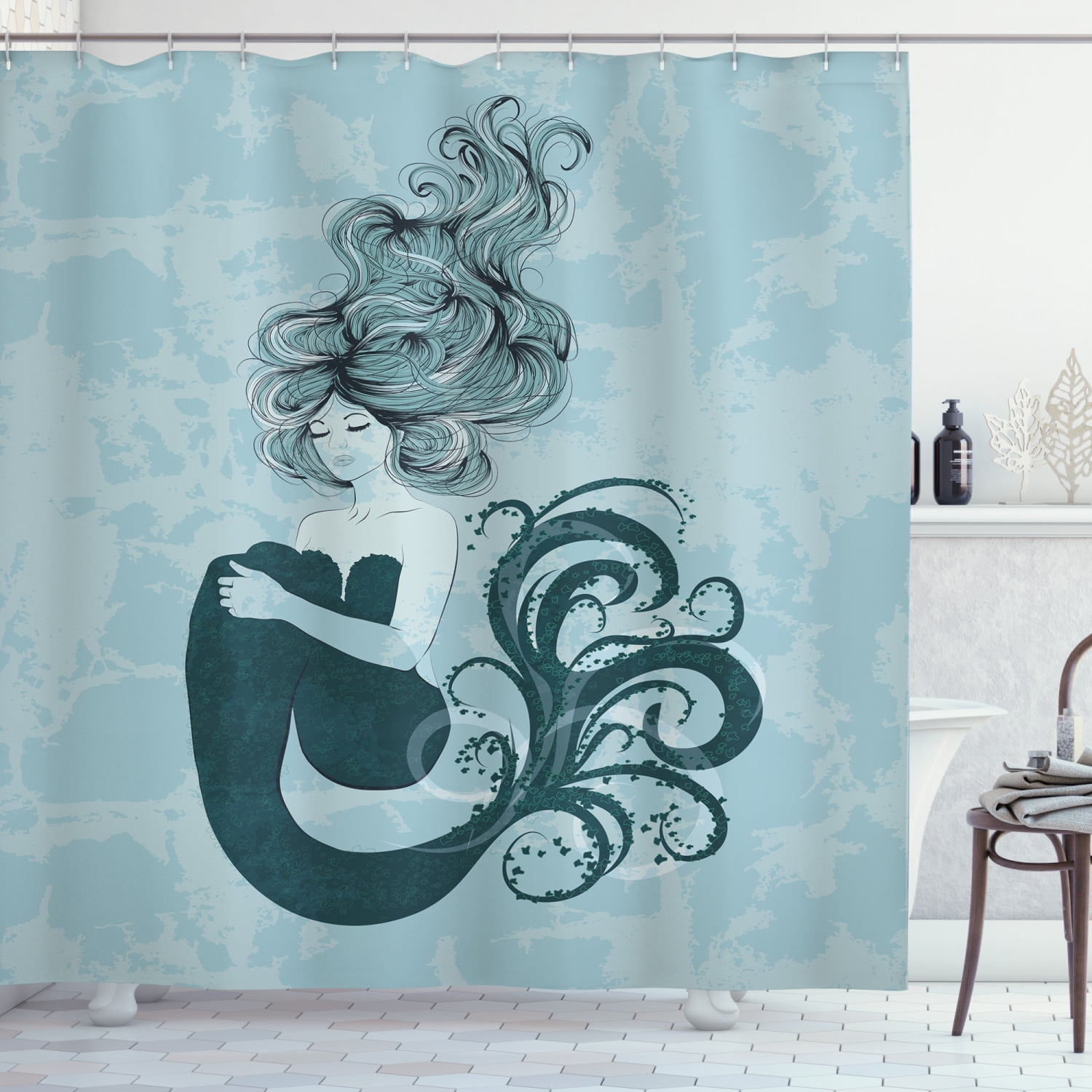 Mermaid Shower Curtain, Sleeping Mermaid Design With Wavy Hair Hand