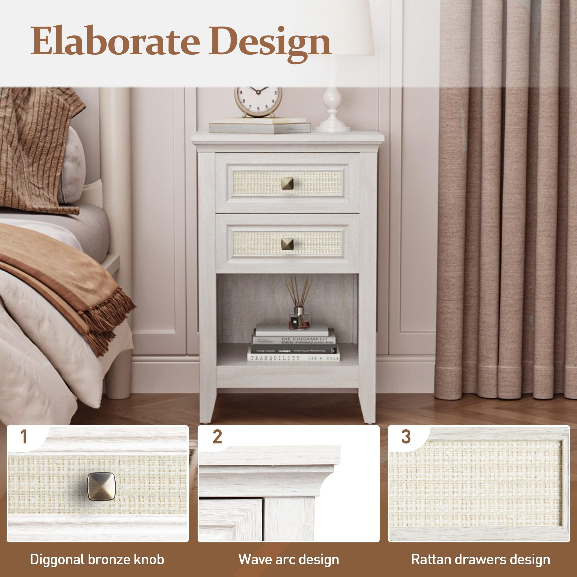 CozyHome Boho Rattan Wood Accent Nightstand with Drawer Set of 2, 27" Tall End Table with Storage, Grayish White Bedside Table, Chairside Couch Coffee Table Nursery Living Room Bedroom Furniture