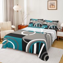 Manfei Geometric Circle Lines Bed Sheets,Modern Geometric Artistic King Sheets,Blue Black Gray Sheet Set For Girls Boys,Super Cozy Room Decor,4 Pieces