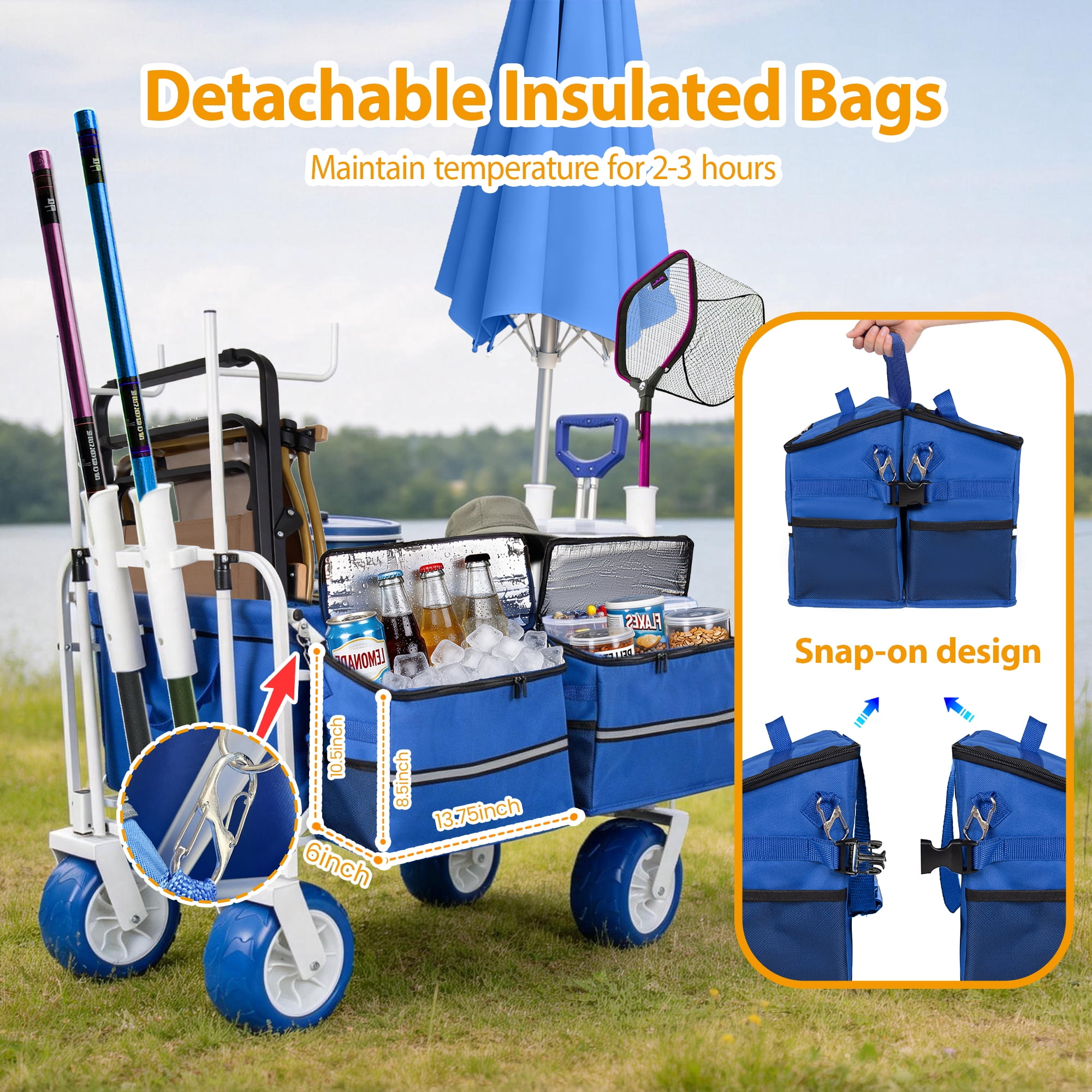 Beach Wagon Cart Chair Racks Fishing Rod Holders 9 Inch All-Terrain Wheels 500lbs Heavy Duty Collapsible Removable Cooler Storage Bags Beach Camping Fishing Garden Outdoor Sports Blue