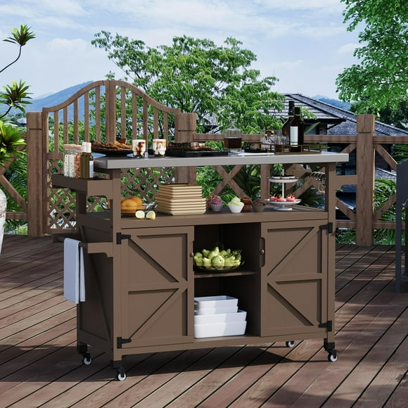 Chariot de Gril Extérieur – Îlot de Cuisine Mobile avec Armoire de Rangement – Plateau en Acier Inoxydable – Station de Préparation Portable – BBQ, Terrasse, Patio et Cour Arrière