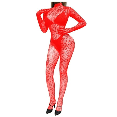 Midwennn Women s Solid Color Sexy See Through Mesh Long Sleeve Mesh Stockings Sexy Rhinestone Lingerie Teddies for Women Full Body Lace Lingerie for Women plus Size