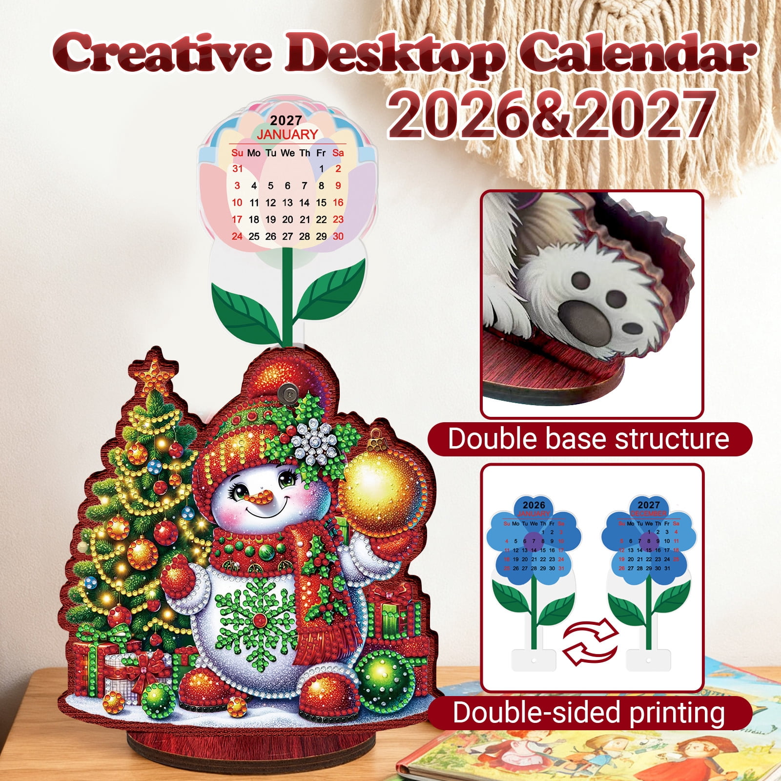 FLOPESN 2026-2027 Wooden Desktop Calendar DIY Diamond Art Painting Kits,Creative Design PVC Insert Home Decor Ornament-2PCS-Christmas