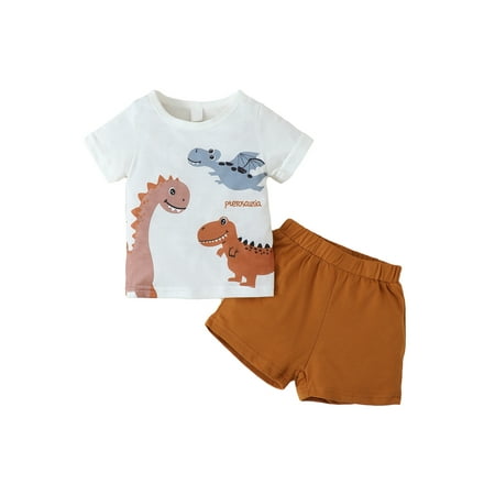 

Qtinghua 2Pcs Infant Toddler Baby Boy Summer Outfits Short Sleeve Dinosaur Letter Print Tops+Shorts Set