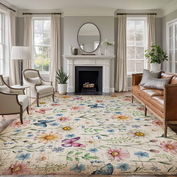 Large Area Rugs for Living Room Bedroom, Pink Spring Floral 8'x10' Rug Washable Carpet Runner Indoor Outdoor, Elegant Pastoral Flowers Butterflies Vintage Non Slip Floor Mats Rug for Kitchen, Patio