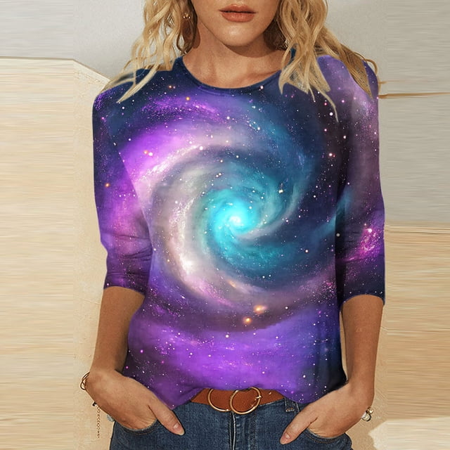 Liquidation d'Économies d'Été! Fatuov Blouses pour Femmes Grande Taille Col Rond T-Shirts Graphiques à Imprimé Étoile Hauts d'Été Manches 3/4 Multicolore