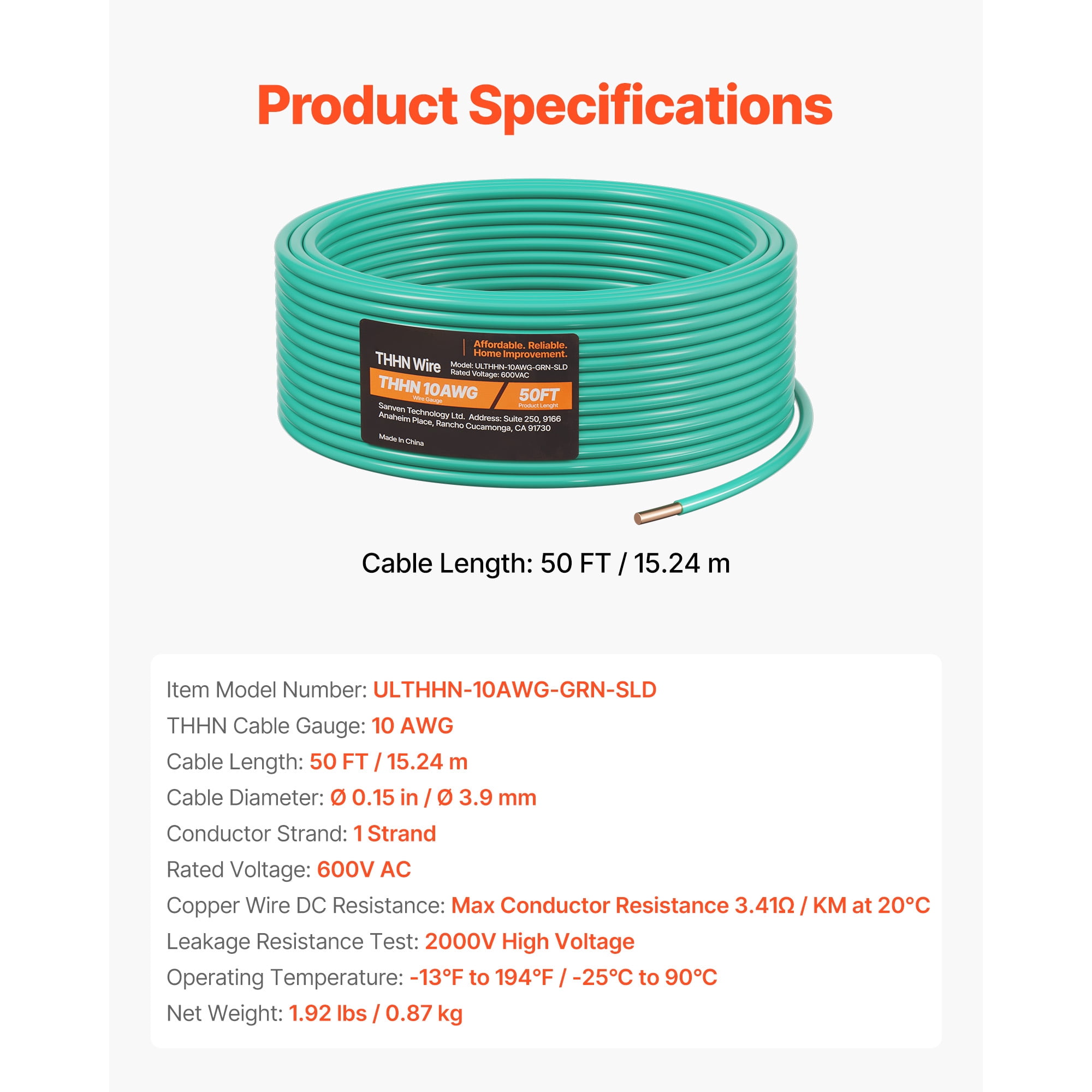 KFFKFF 10 AWG Solid THHN Wire, Pure Copper Electrical Wire with Durable Nylon Jacket and PVC Insulation, Rated for 600 Volts, Suitable for Residential, Industrial, and Commercial Use, Green (50 Feet)