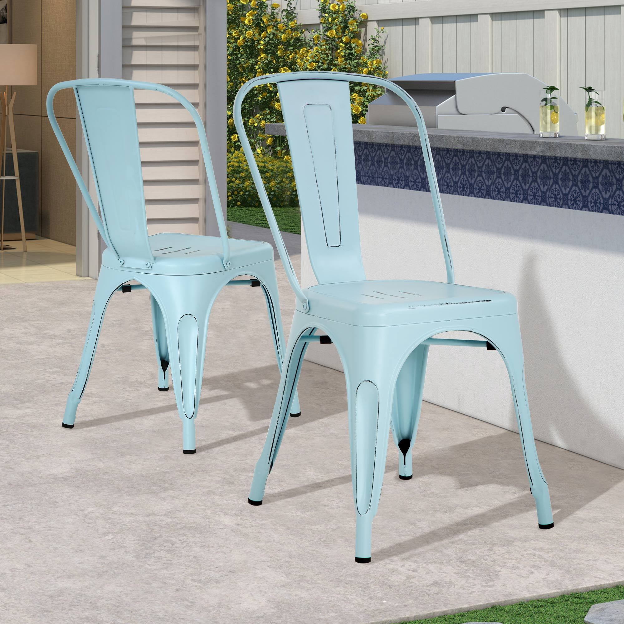 CL.HPAHKL Dining Chairs Set of 4, Metal Kitchen Chairs 330LBS Weight Capacity, Stackable Indoor Outdoor Chairs for Kitchen Dining Room Café Restaurant Bistro Patio Bar Chairs, Blue