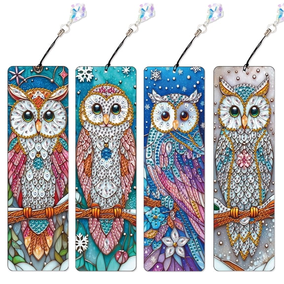 4pcs Diamond Painting Bookmark Kit 5D DIY Owl Special Design with Shimmering Handmade Artwork For Book Lovers Perfect for Birthdays, Christmas, and Holidays