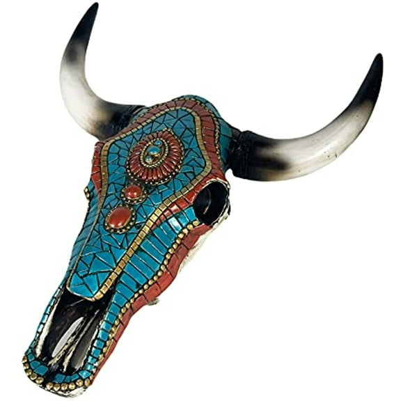 Urbalabs Western Teal Stone Longhorn Cow Skull and Horns Sculpture Faux Taxidermy Animal Western Wall Mount Decor 11 Inches Wide Bull Statue Ranch Decoration Hand Painted