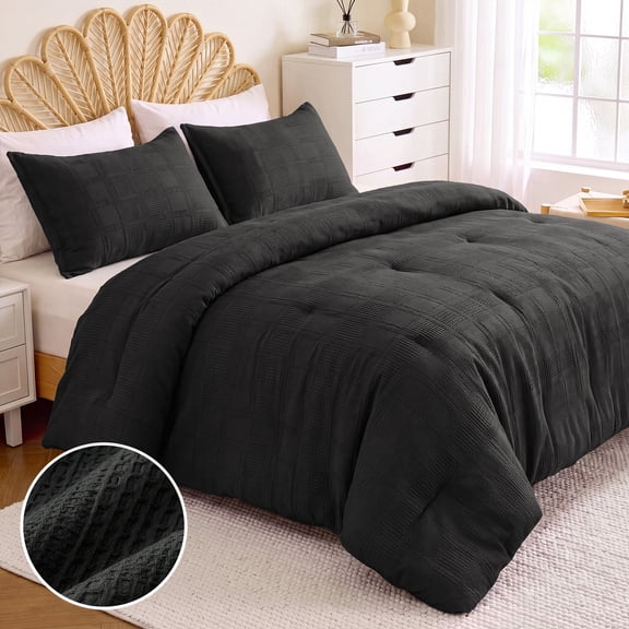 Regency Heights Waffle Weave Comforter Set, Full/Queen Size Textured Comforter Bed Set, 3-Piece Black Bedding Set with Pillow Shams for All Season