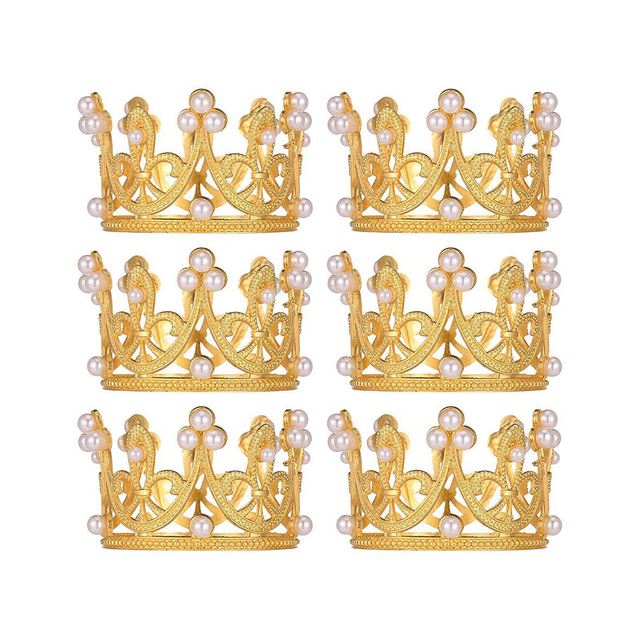 6Pcs Gold Mini Crown Cake Topper Small Crystal Pearl Cupcake Toppers Small Cupcakes Crown for Wedding Birthday