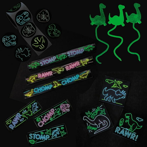 Fun Express Bulk 208 Pieces Glow-in-the-Dark Neon Dinosaur Assortment