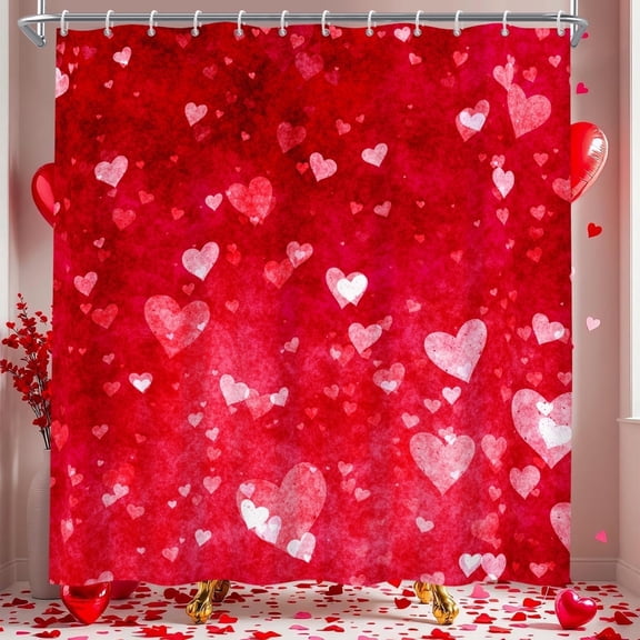 Valentines Shower Curtain,Red Pink Love Heart Bathroom Curtain,Holiday Fabric Bath Curtain with Hooks 72"x72"