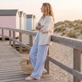 thumbnail image 5 of Women's Pants Vertical Stripe Print Linen Palazzo Pants Drawstring Elastic Waist Wide Leg Flowy Summer Casual Beach Trousers, 5 of 6