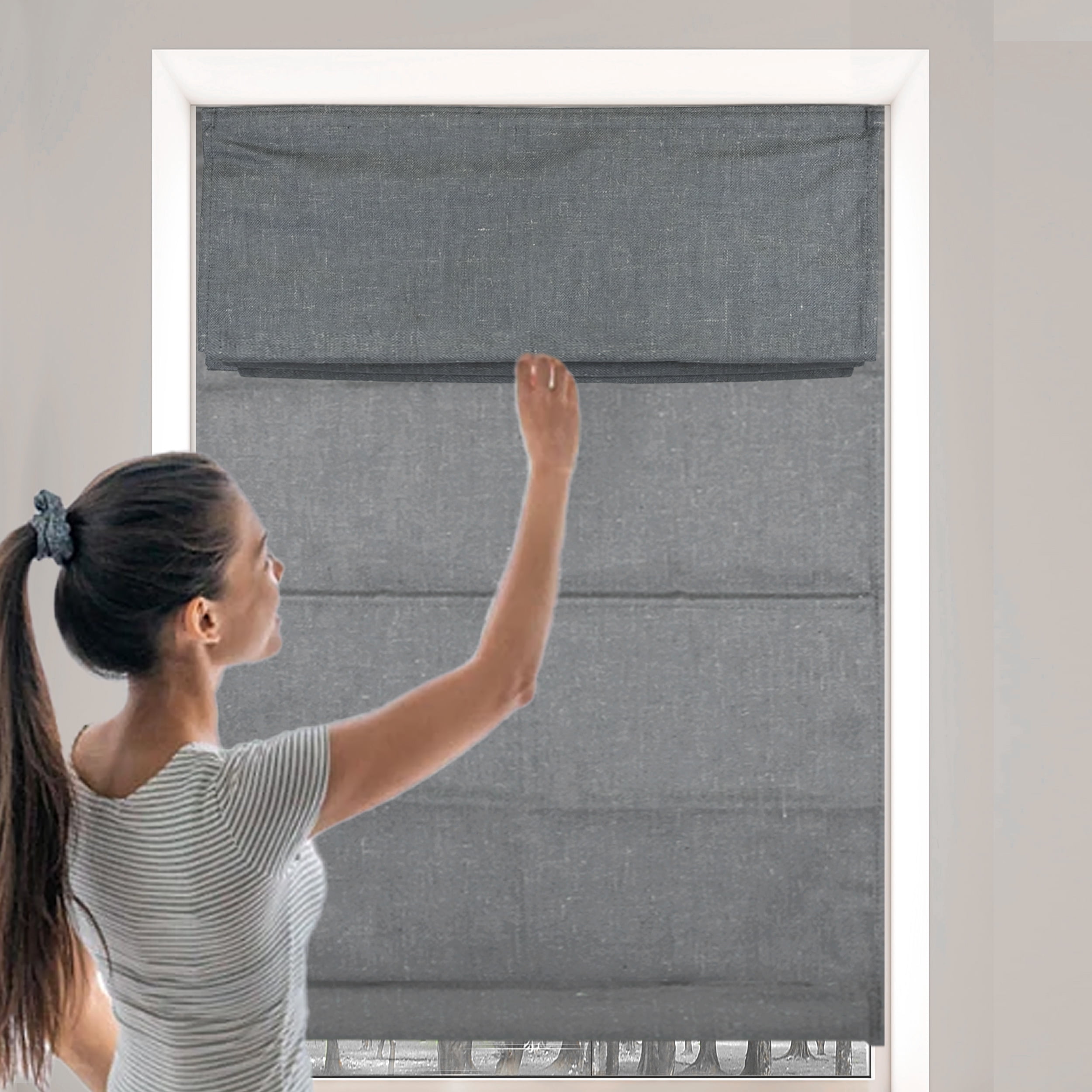 Biltek Gray Roman Shades Total Blackout Window Blinds Inside/Outside Mount Thermal Washable Fabric  27"W x 64"H