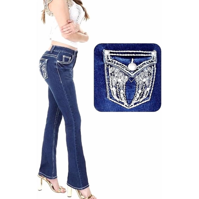 パンツ detachable hem design bootcut jeans Jack David/H&Y Women's Rhinestone Bootcut Stretchy Denim Jeans