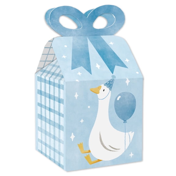 Big Dot of Happiness One Silly Goose Blue Bow Boxes, Boy 1st Birthday Party Decorations, Goose Favor Square Gift Bags - Set of 12