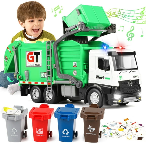 Freecat Garbage Truck Toys for Kids Boys, Play Vehicle Trash Truck Toys with Dumpster and Trash Bins, Christmas Birthday Gift for Boys 3 4 5 6 8 Years Old.