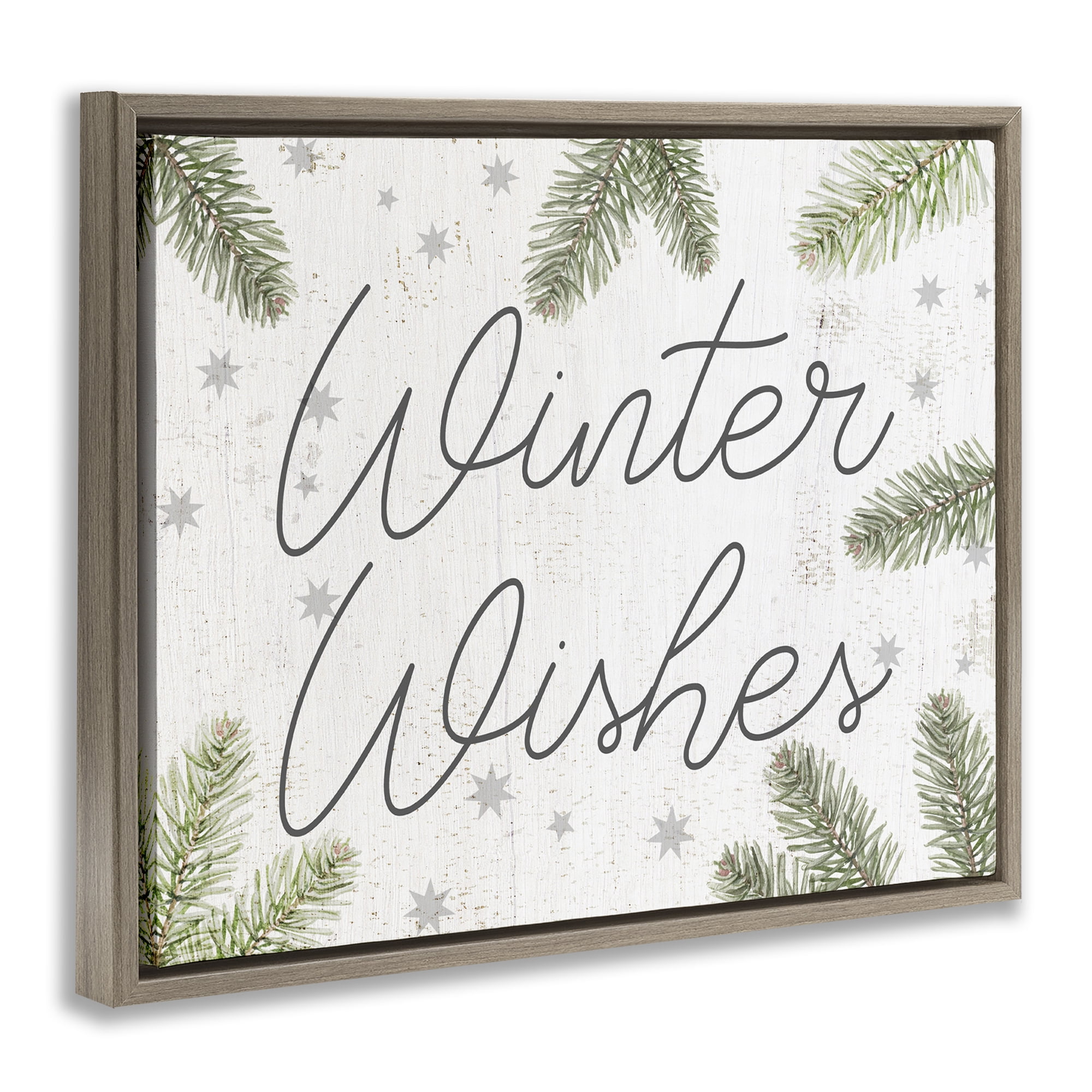 Stupell Industries Winter Wishes with Sprigs Holiday Painting Brown Floater Framed Canvas Art Prints Wall Art, 21 x 17