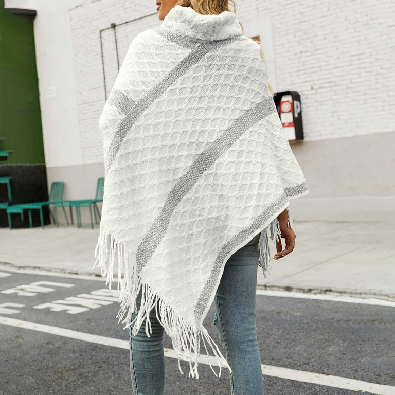 Hooded Shawl Wrap Knit Women Fringe Knitted Poncho Cardigan Cape Sweater  White
