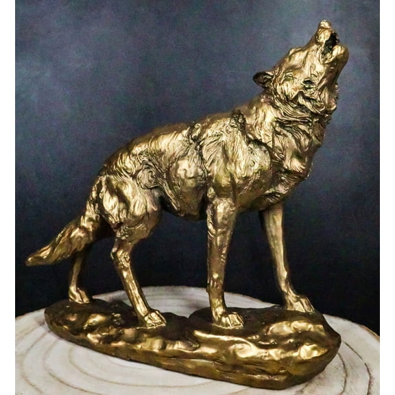 Full Moon Howling Alpha Gray Wolf Timberwolf Statue In Gold Patina Finish 9"H