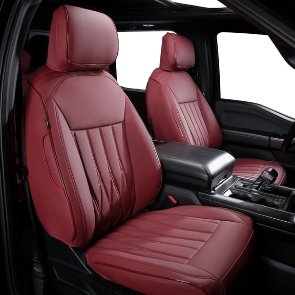 Ikon Motorsports Car Front Row Seat Covers Fits 2021-2026 Ford F-150& 2023-2026 F-250 F-350 F-450 Crew Cab, Waterproof Easy Clean PVC Seat Protector, Red