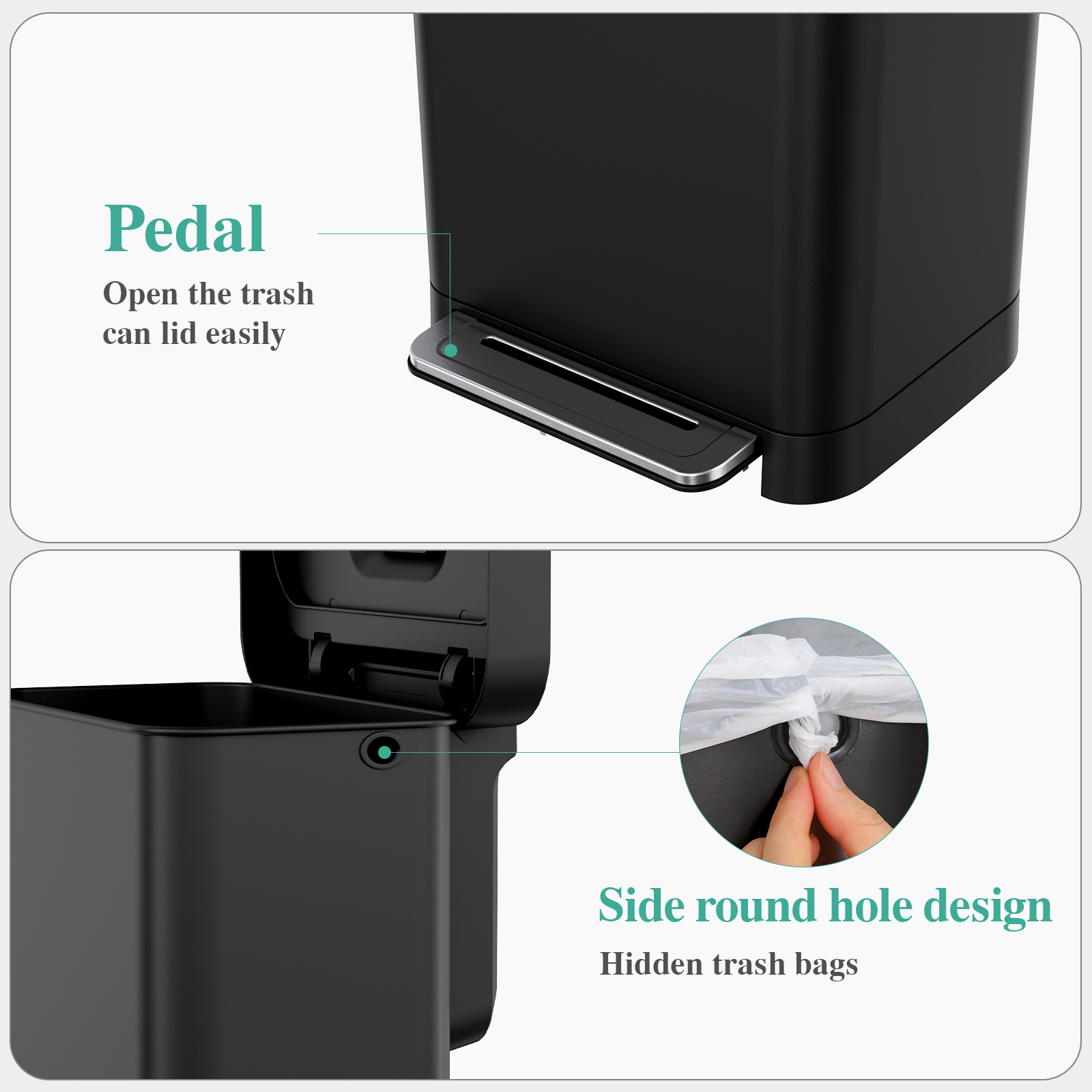 Pirecart 13.2 Gal Large Capacity Stainless Steel Trash Can, Soft Lid Pedal Rubbish Bin with Built-In Deodorizer Box, 15 Inner Bags and Rear Trash Bag Storage Compartment, Black